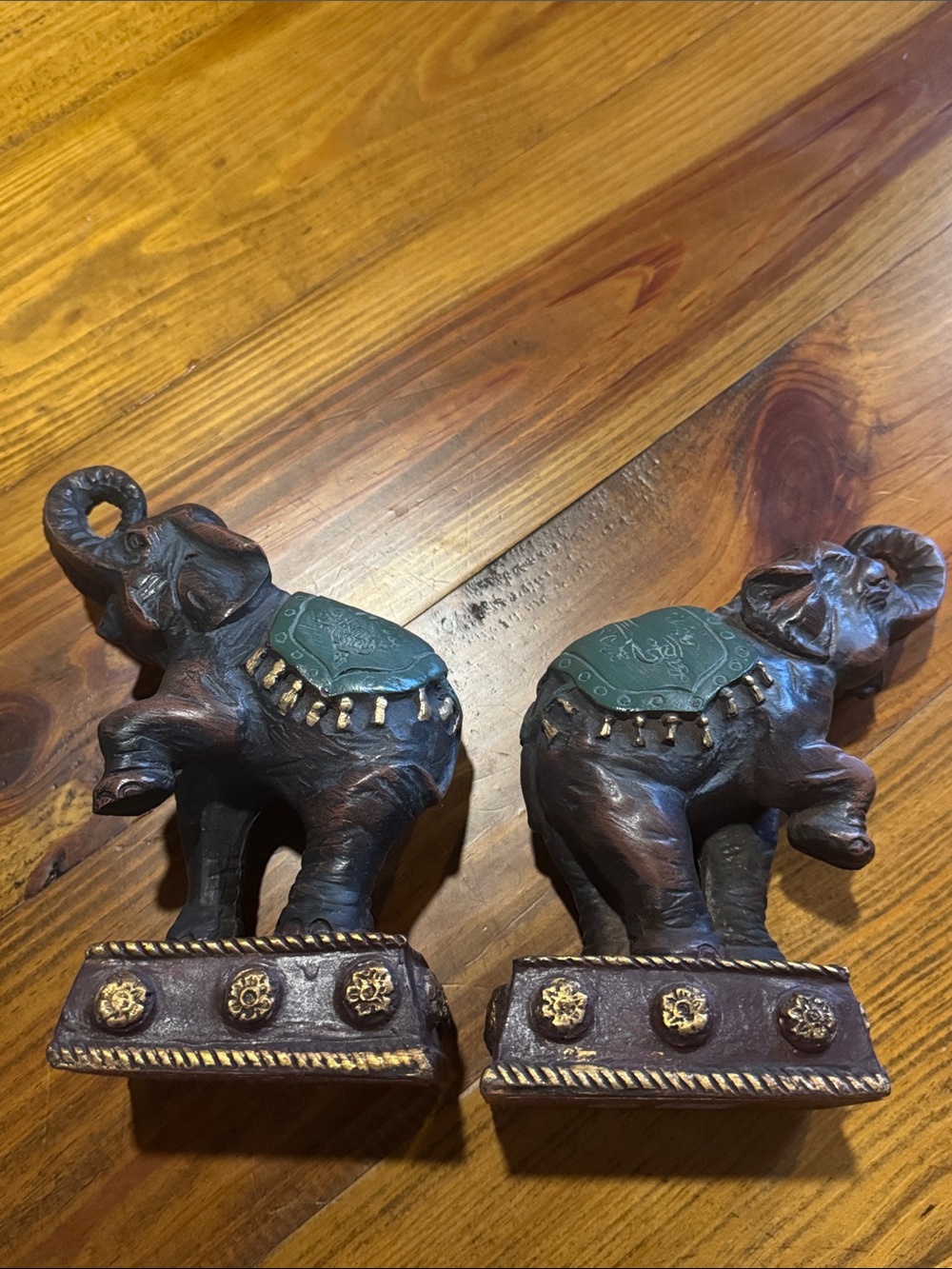 Vintage Pair of Brown and Green Elephant Bookends